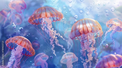 Jellyfish floating in water with water bubbles