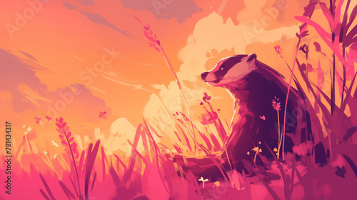 Texugo no campo no por do sol rosa - Ilustração