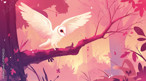 Coruja branca em cima de uma árvore na floresta no por do sol rosa - Ilustração