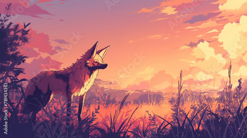 Lobo-guará em cima de uma árvore na floresta no por do sol rosa - Ilustração