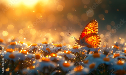 Butterfly Basking in Sunset Radiance - Delicate Dance on Daisy Field © Bartek