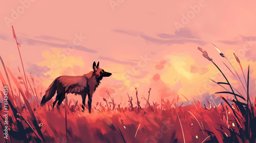 Lobo-guará em cima de uma árvore na floresta no por do sol rosa - Ilustração