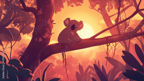 Coala em cima de uma árvore na floresta no por do sol rosa - Ilustração