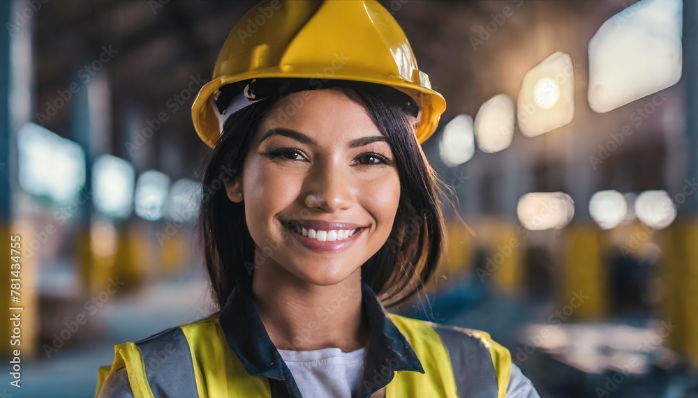 Confident female construction worker at a work site, with a genuine smile reflecting job satisfaction and professionalism 