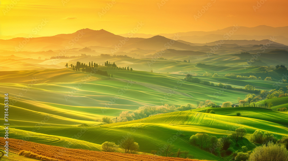 Sunrise over the rolling hills of Tuscany, Italy.