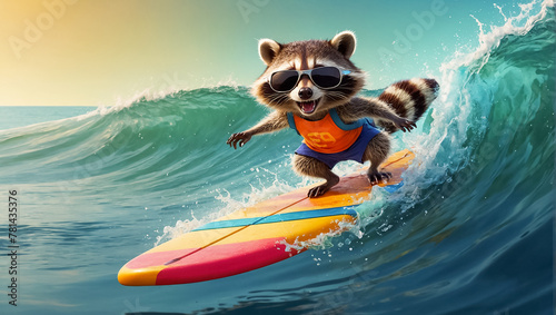 cute raccoon rides on a surfboard © tanya78