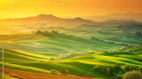 Sunrise over the rolling hills of Tuscany, Italy. photo