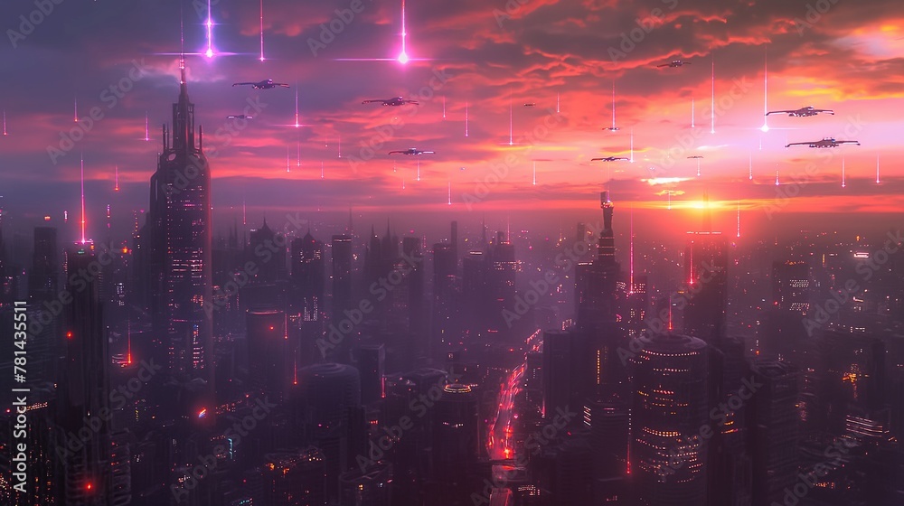 Sci-Fi Urban Skyline with Hovering Aircraft at Sunset