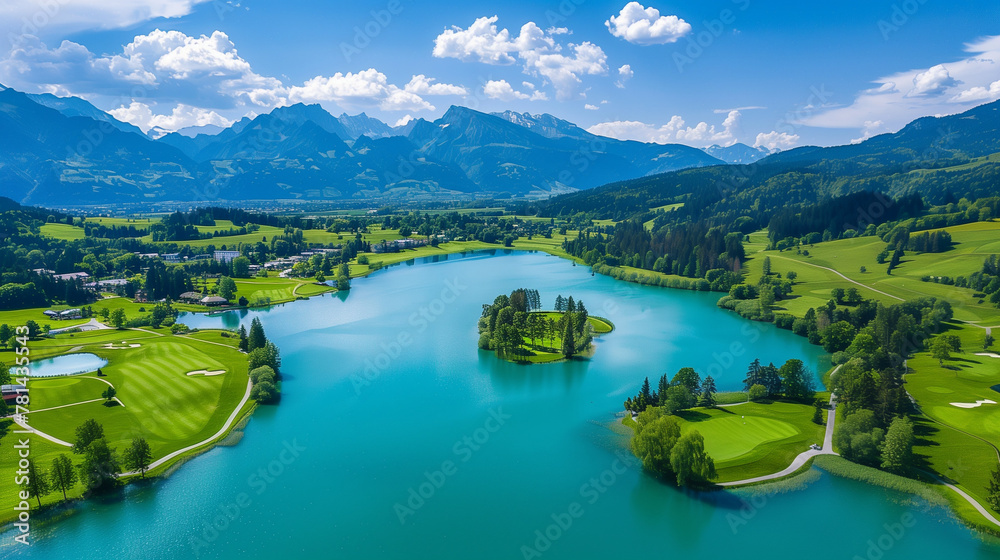 Aerial view of the lake and golf course in Natalen, Austria with mountains in the background. 