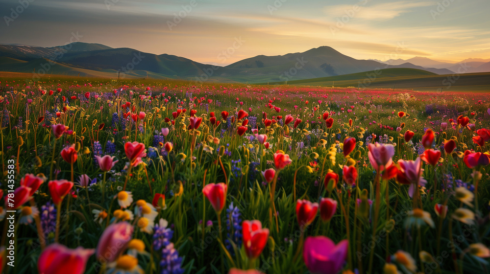 Vibrant Flowers Blanketing Blooming Meadows in Springtime. 