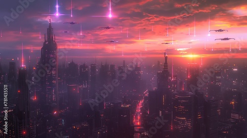 Sci-Fi Urban Skyline with Hovering Aircraft at Sunset