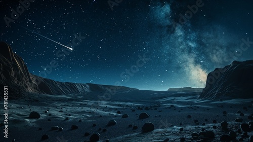 Shooting Star and Milky Way Over Moonlit Alien Valley