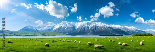 Panoramic View of New Zealand's Natural Beauty – Sheep Grazing, Lake Tekapo, and Snow-Capped Mountains photo