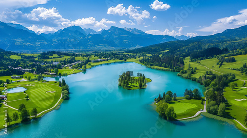 Aerial view of the lake and golf course in Natalen, Austria with mountains in the background. 