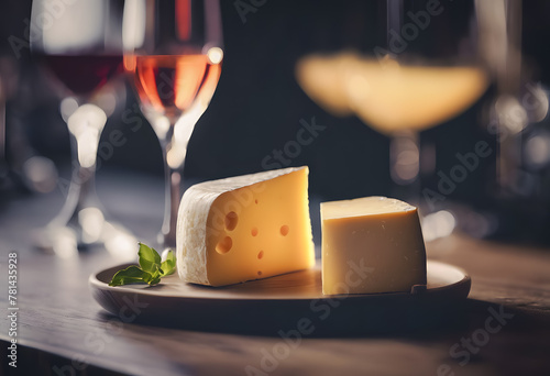 Elegant cheese platter with wine glasses in the background, set on a wooden table with a dark, moody ambiance, perfect for culinary themes and gourmet dining concepts. National cheese and wine day.