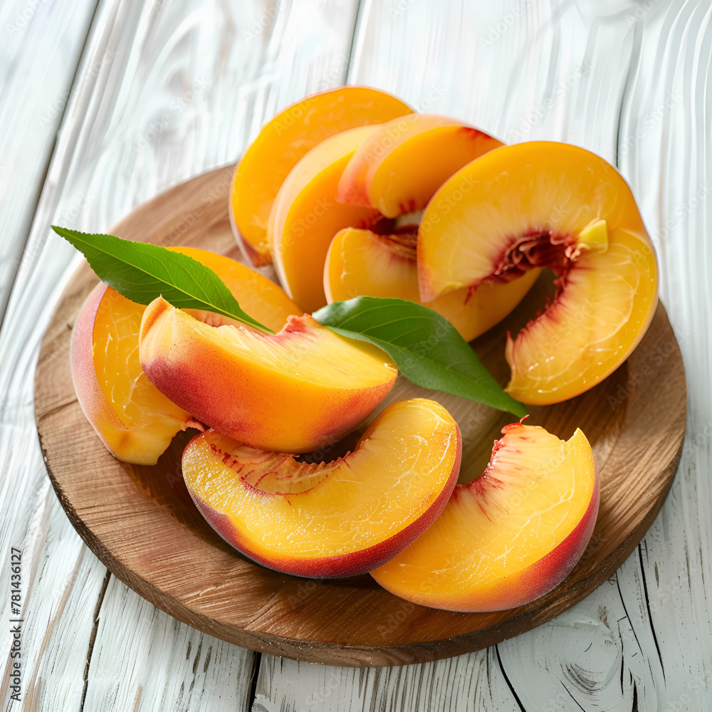 Ripe and tasty and juicy peaches lie on a plate on a wooden table. Large peaches on rustic wooden background,Cut and whole juicy peaches on wooden table