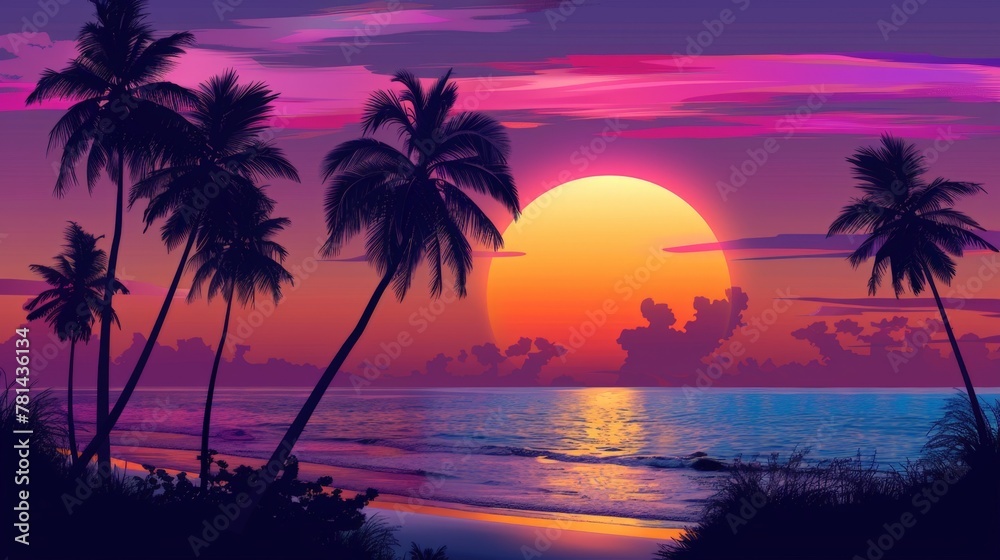 Sunset over ocean with palm trees