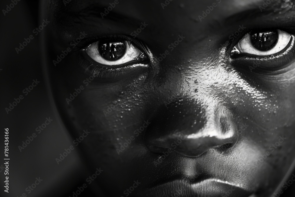 A young boy with dark skin and a serious expression. The image is in black and white. The boy's eyes are staring straight ahead, and his mouth is slightly open. Scene is somber and contemplative
