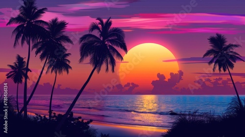 Sunset over ocean with palm trees © 2rogan