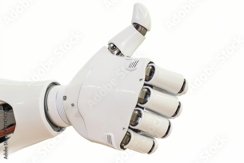 A robot hand with a thumbs up gesture. The robot is white and has a metallic look. Concept of technology and innovation