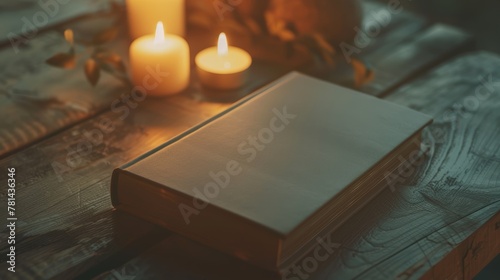 Closed book on a wooden table with lit candles and green leaves. Cozy reading concept with copy space. Interior design element