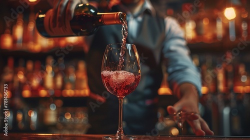 A barman elegantly pouring rich red wine into a crystal clear glass under soft, ambient lighting