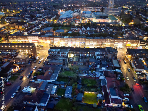 Aerial Night View of Illuminated Borehamwood Central London City of England United Kingdom  April 4th  2024