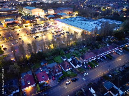 Aerial Night View of Illuminated Borehamwood Central London City of England United Kingdom, April 4th, 2024