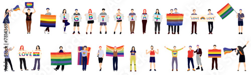 LGBT community. Group of happy people at LGBTQ pride with flags. Sexual freedom and love diversity concept. Gays, lesbians and queer people. Flat vector illustration isolated on white background  photo