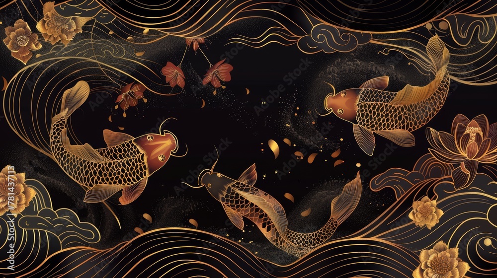 Oriental style background modern with Sakura flower, ocean wave, and koi carp fish in a luxury style. This design is a modern illustration with a Chinese oriental style. - obrazy, fototapety, plakaty 