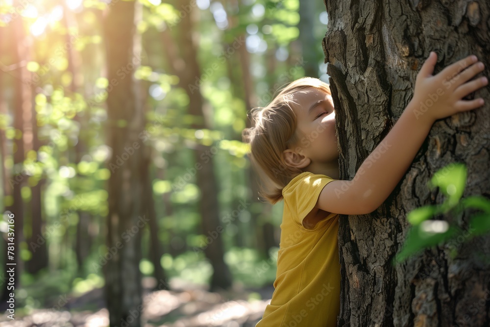 A young child is hugging a tree trunk. The child is wearing a yellow shirt. The scene is set in a forest with lots of trees A young child is hugging a tree trunk. The child is wearing a yellow shirt. The scene is set in a forest with lots of trees