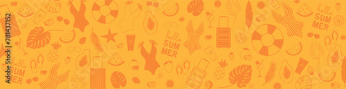 Summer background with icons of fruits, swimsuits, sunglasses, spf. Beach theme banner. Vector illustration in orange color