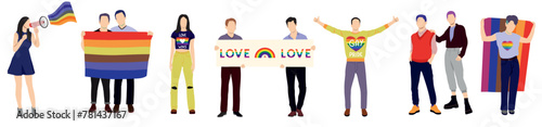 Crowd of people taking part in pride parade. Men and women at street demonstration for LGBT rights. Group of gay, lesbian, bisexual, transgender activists. Colorful vector illustration in flat style.