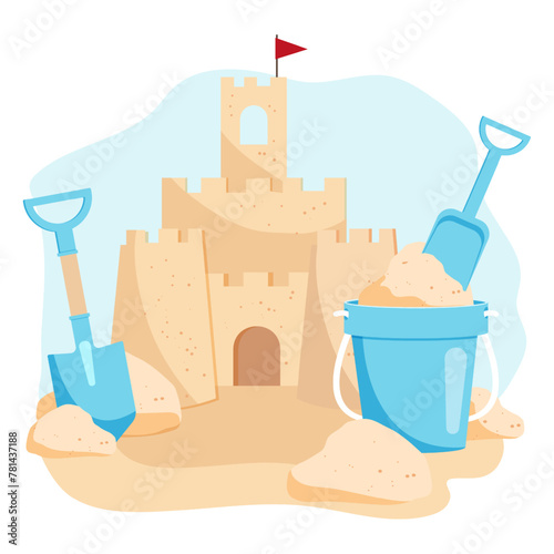 Sand castle, bucket of sand, shovels. Children's toys for sandpit. Vector illustration.