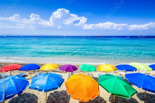 A beach scene with many colorful umbrellas and a blue sky. Scene is cheerful and inviting