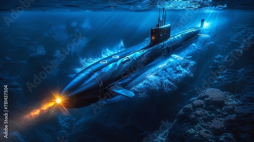 A sleek, metallic submarine navigating deep blue ocean waters, launching a bright trail underwater photo