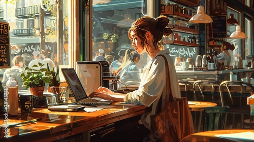 A side view of a busy cafe  with a person deeply engrossed in typing on a laptop amidst the ambient chatter and coffee aroma