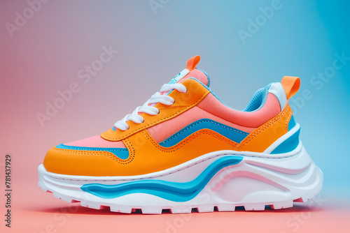 Colorful fashionable sneakers on bright background, sport concept, product photo, levitation concept, minimalism, 3D rendering