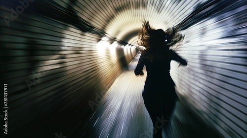 A woman running through a tunnel. Scene is intense and suspenseful