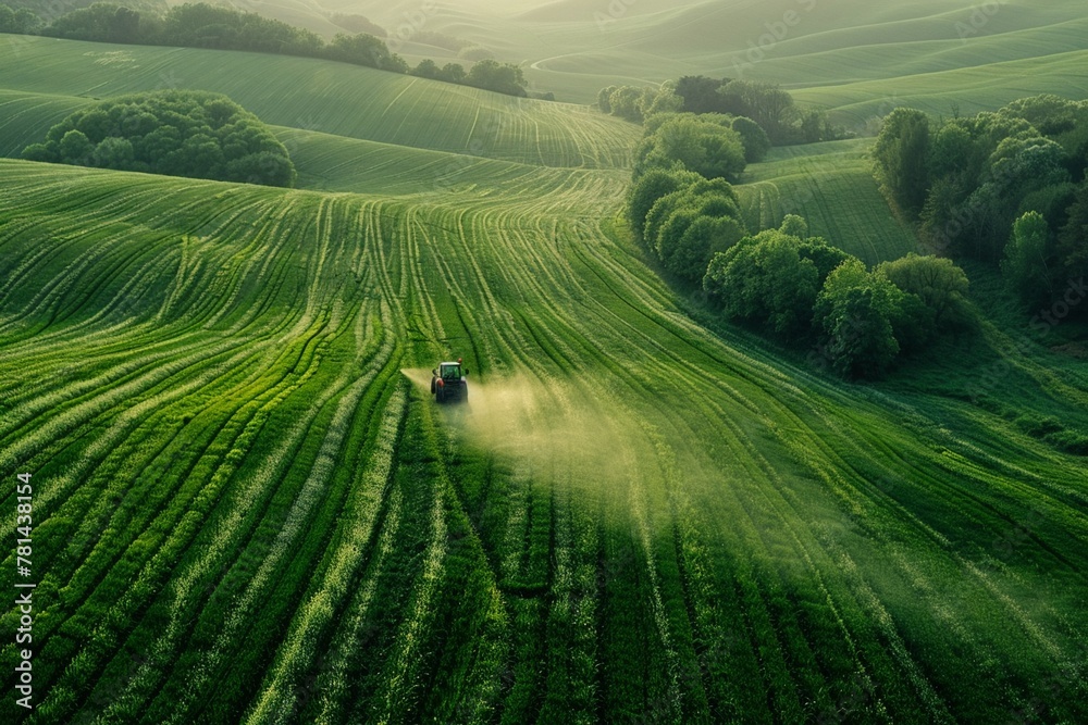 Aerial view of a tractor spraying potash fertilizer on a lush green wheat field, highlighting the contrast between technology and nature