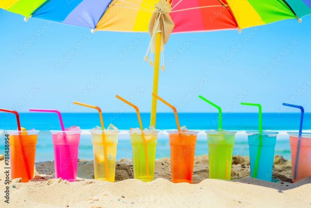 A colorful array of drinks are lined up on a beach under a rainbow umbrella. The drinks are in plastic cups and straws, and the beach setting creates a fun and relaxed atmosphere A colorful array of drinks are lined up on a beach under a rainbow umbrella. The drinks are in plastic cups and straws, and the beach setting creates a fun and relaxed atmosphere