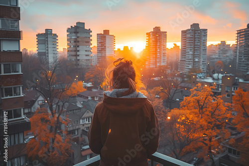 Capture a person standing on their new balcony  taking in the view of their new neighborhood.