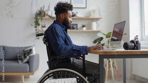 Man Working from Wheelchair at Home photo