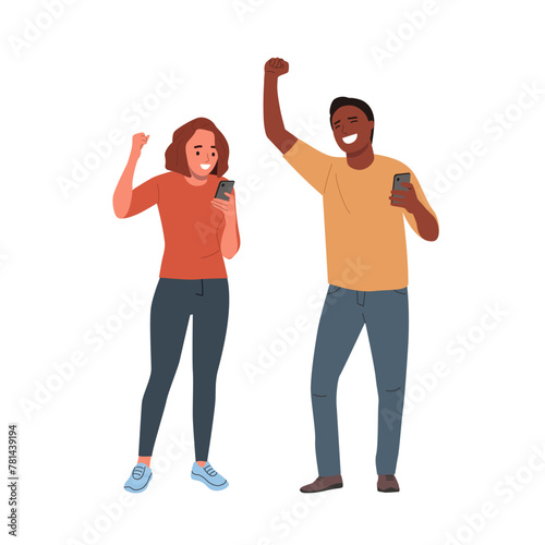 Young man and woman looking in the smartphone  shows a positive gesture. Flat style cartoon vector illustration.