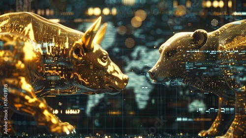 Closeup of a 3D golden bull and bear facing off on a holographic stock exchange graph, symbolizing market fluctuations with a digital world map background #781439315