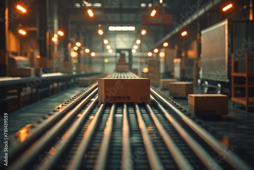 Closeup of a conveyor belt with various sized boxes in a dimly lit warehouse, leading to an open truck dock, high detail