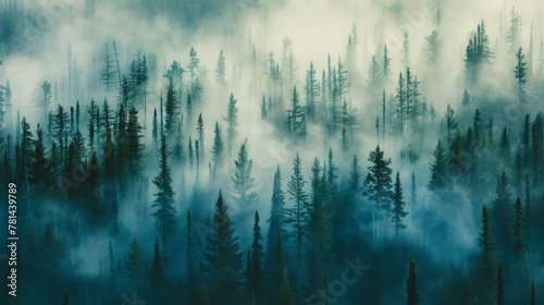 A forest with trees covered in mist photo