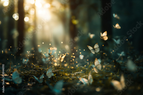 Serene scene of butterflies flying in a sunlit forest with magical bokeh lights
