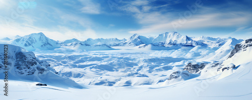 Panoramic view of a snowy mountain range. The mountains are covered in snow and the valley is surrounded by trees. The sky is a clear blue and there are a few clouds in the distance.
