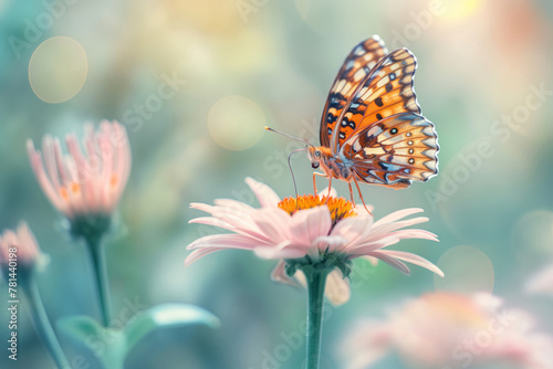 Close-up of a vibrant fritillary butterfly pollinating a pink flower with a soft focus background